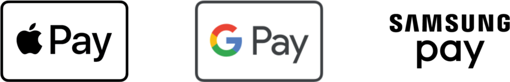 Apple Pay logo, Google Pay logo, Samsung Pay logo