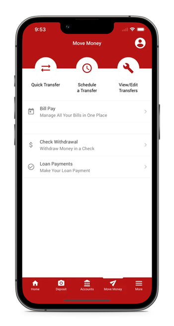 Mockup of "Move Money" screen in Brewery Credit Union mobile app with options to "Quick Transfer", "Schedule a Transfer", and "View/Edit Transfers"