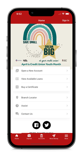 Mockup of Brewery Credit Union mobile app menu